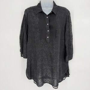 J. McLaughlin Sz M Clip Dot‎ Silk Cotton Lined Collared 3/4 Sleeve Tunic Blouse